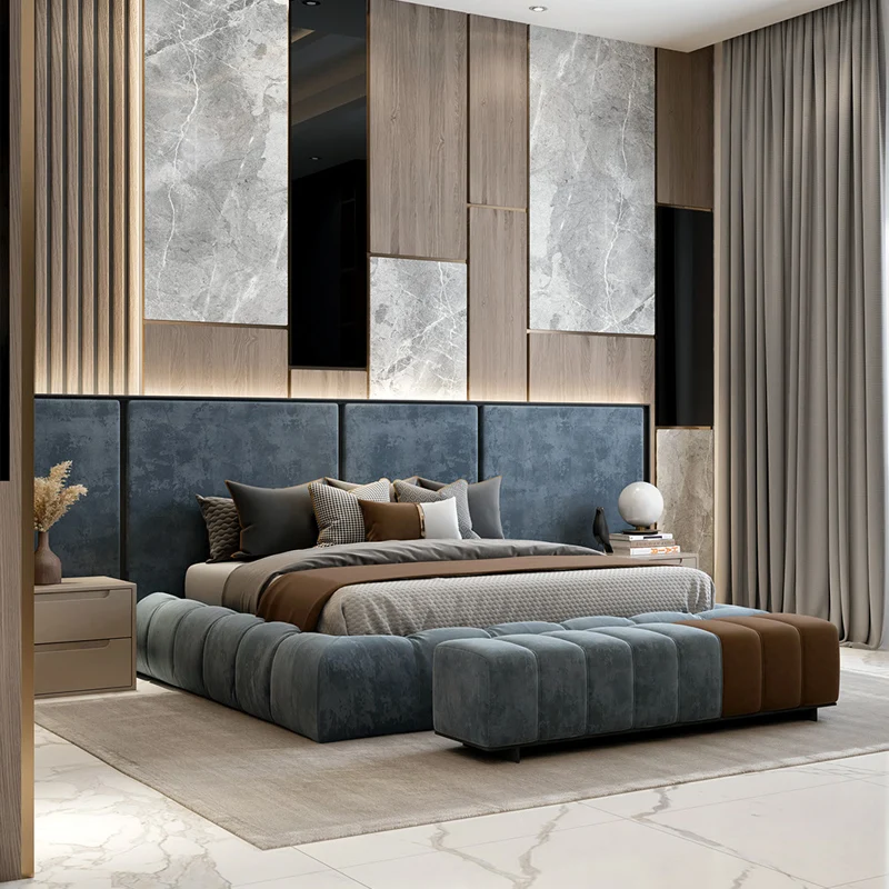 thumbnail image 1 of Muebles de dormitorio, cama de tela de lino para Hotel moderno de 5 estrellas, venta al por mayor, conjunto completo individual, doble, tamaño Queen y King, madera maciza, 3 años, 1 of 4