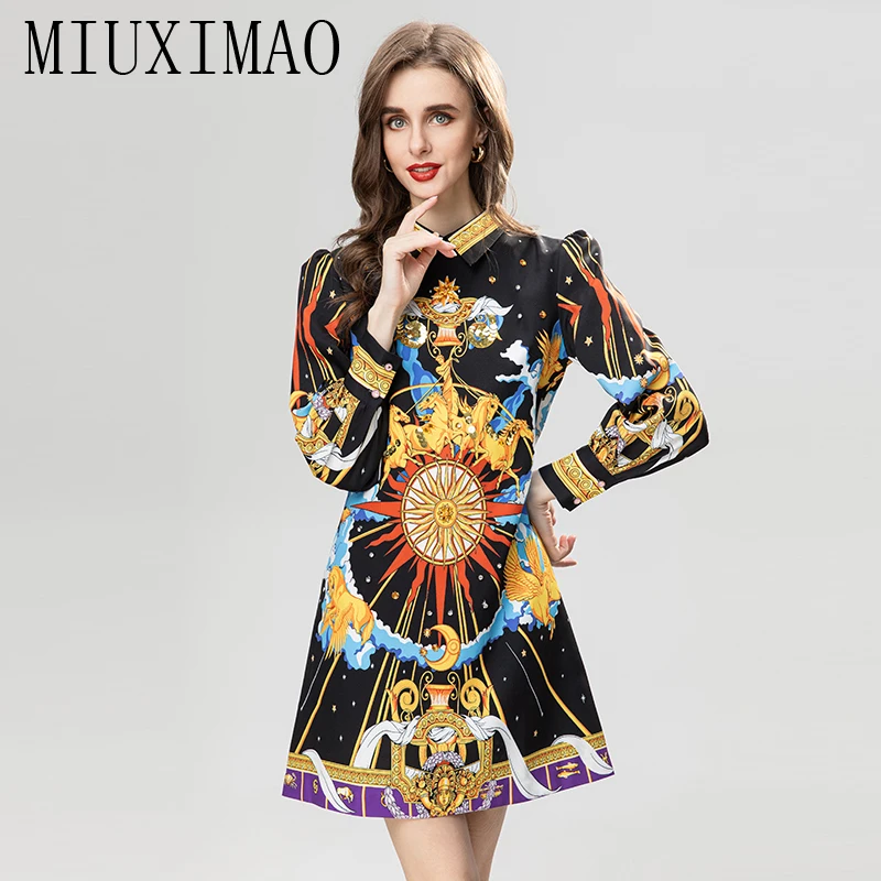 Женское модельное платье с круглым вырезом MIUXIMAO, осеннее платье мини с длинным рукавом и принтом в виде цветка лошади со стразами, 2024