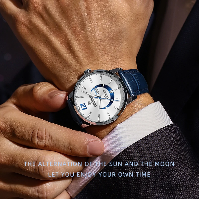 LOUIEJUELEN 2024 New Mens Watches Top Brand Luxury Leather Casual Quartz Watch Luminous calendar moon phases Waterproof Clock