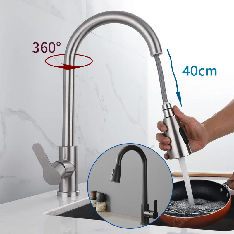 

Brushed Nickel Kitchen Faucet Pull Out Spout 360 Degree Rotation Kitchen Sink Mixer Tap Single Hole Stream Sprayer Head Deck Tap