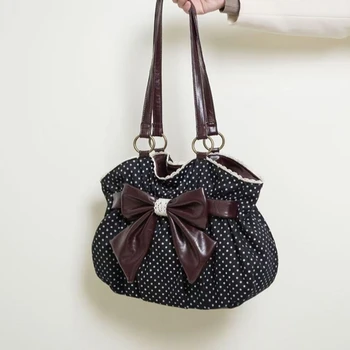 Borsa tote chic a pois Borsa casual da pendolarismo Borse da donna vintage Borsa a tracolla Versatile borsa dolce con fiocco a pois di grande capacità