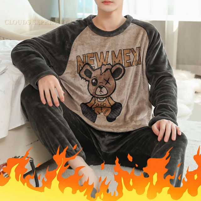 Winter Warm Flannel Boy Sleepwear Thermal Velvet Cartoon Plaid Men's Pajama  Sets Casual Pjs Male Loungewear Pyjamas Nightwear - AliExpress