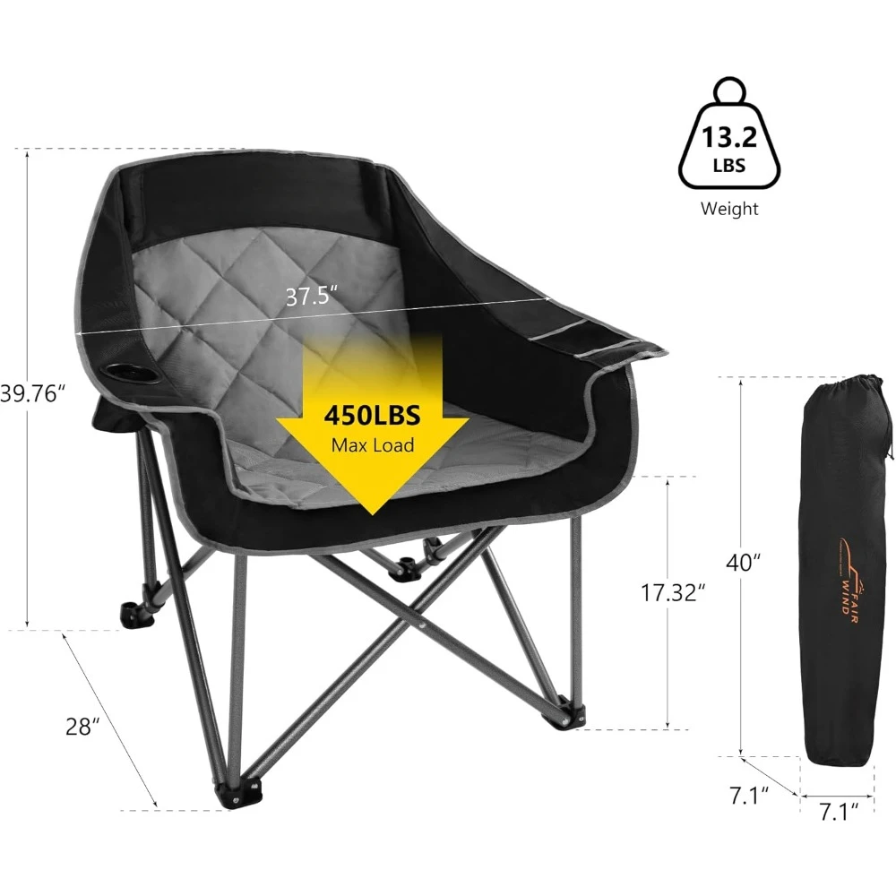 Oversized Padded Camping Chair Heavy Duty Quad Fold Arm Chair Portable for Outdoor - Support 450LBS 3