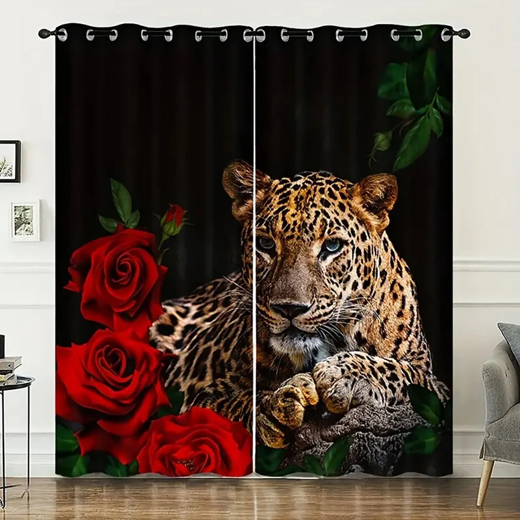 

Floral Animal Lion Cheetah Print Curtains, Polyester Fiber, Suitable for Living Room, Bedroom, Kitchen Decorative Curtains 2pcs