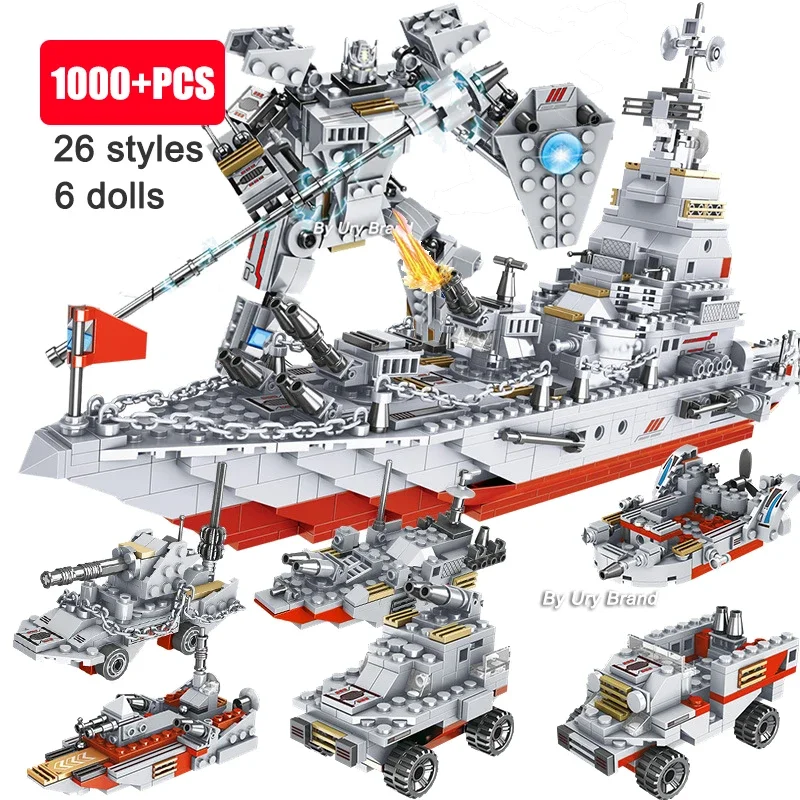 

1000+PCS Military Series Warship Fighter Robot Mech WW2 Army Battle Cruiser Tanks Plane Modern Building Blocks Toys Boys Gifts