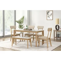 6-piece Dining Table Set, One Table One Bench and Four Chairs, High Gloss White Tabletop With Light Oak Color 1
