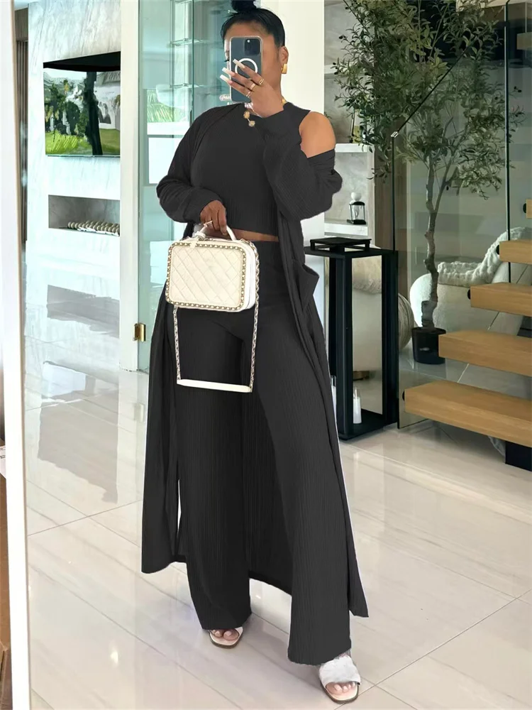 Wmstar Women Three Piece Set Autumn Fashion Solid Color Casual Long Sleeve Vest Wide Leg Long Pants Lady Outfit Work Tracksuit