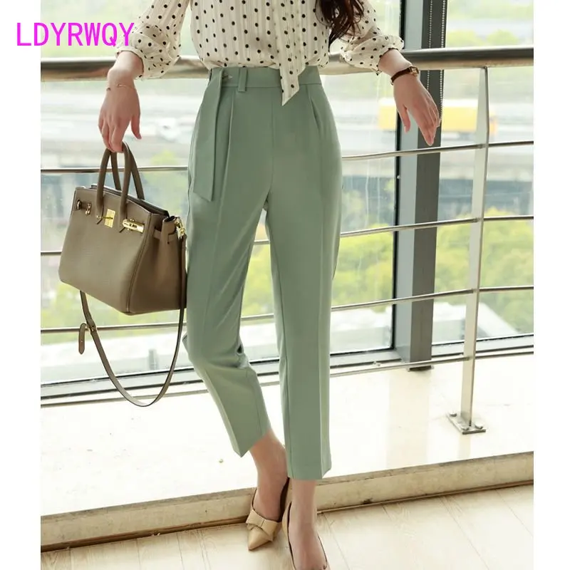 2023 spring and autumn new Korean version green cropped pants fresh temperament small leg pants drape thin casual trousers women 2022 autumn new korean version tide all match embroidery slim white cropped pants straight pants jeans women