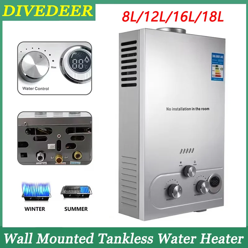 Portable Vertical Water Heater 8L/12L/16L/18L Propane Gas LPG Wall Mounted Tankless Water Heater Digital Display DIVEDEER