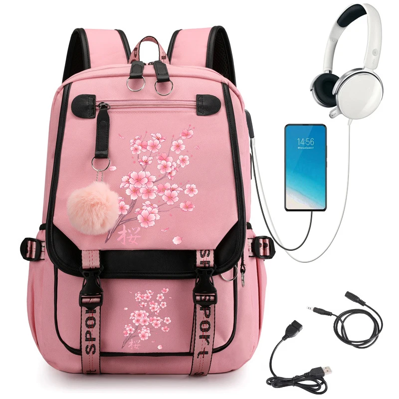 Kawaii School Backpack for Girls Cute School Bag Falling Sakura Cherry Blossom Bookbag Teens College Student Travel Shoulder Bag