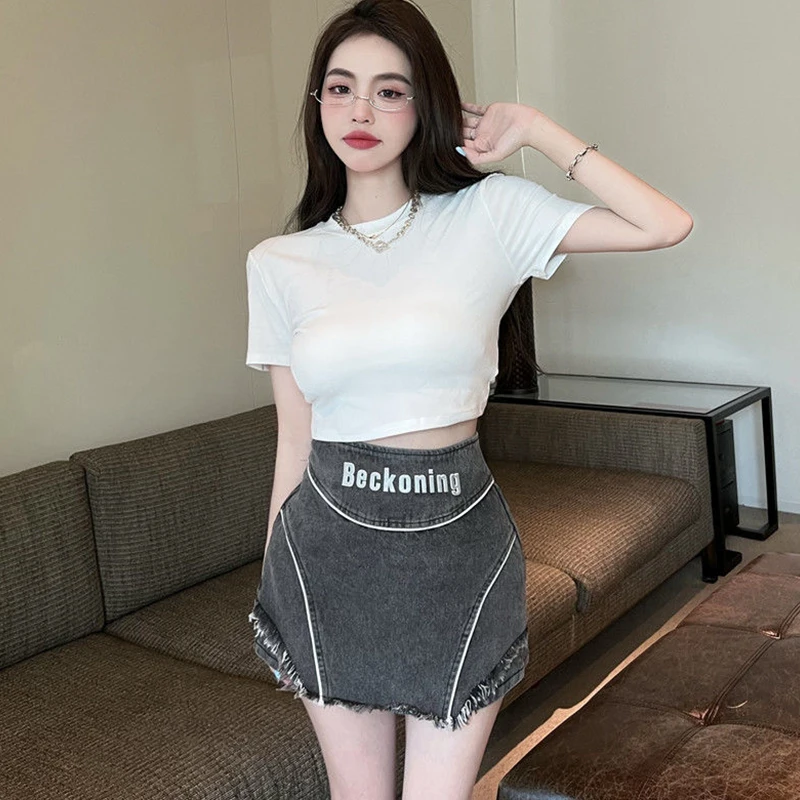 

Ladies Denim Culottes Design Sweet And Spicy Shorts Letter Print Washed Raw Edge Pack Hip Pants High Waist Fringed Denim Skirt