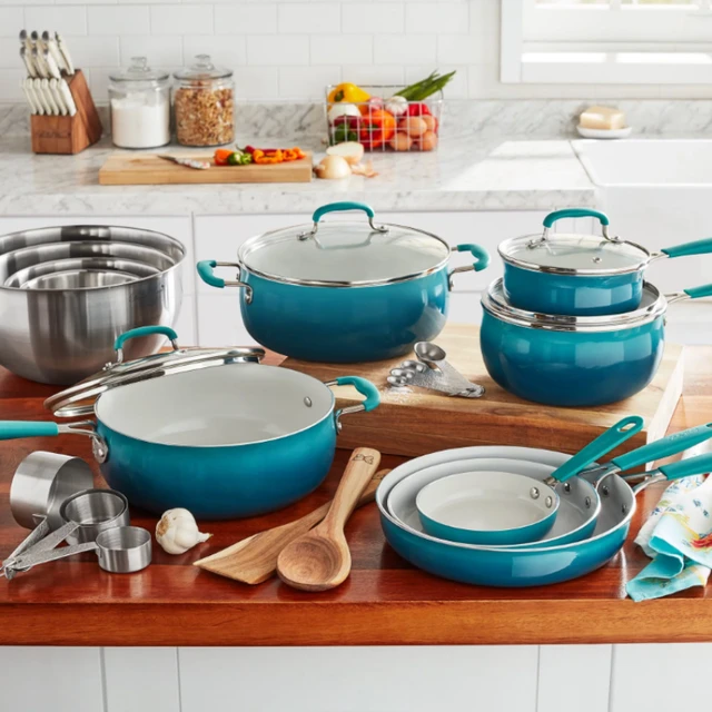 Mainstays Ceramic Nonstick 12 Piece Cookware Set, Teal Ombre, Hand