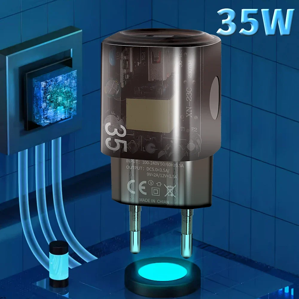 35W Transparent USB Charger Quick Charge 3.0 Fast Charging PD Type C Wall Charger For iPhone Samsung Xiaomi Mobile Phone Adapter