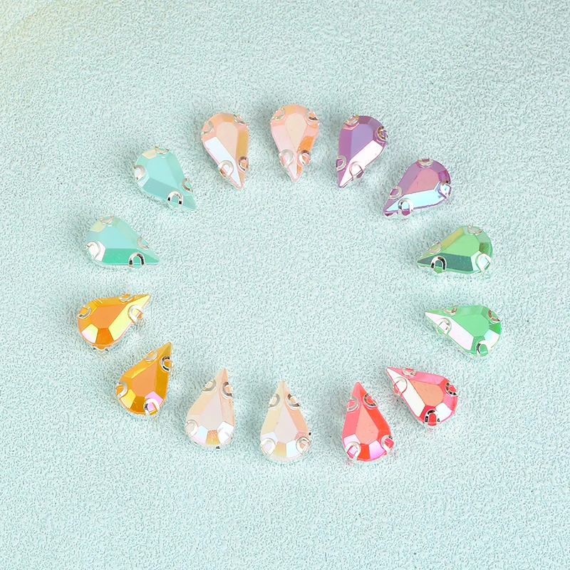 

RESEN 8x13 Sew On Drop Rhinestone Color AB Sliver Setting Sewing Stone Flatback Pear Rhinestone with Holes for Dress Accessories