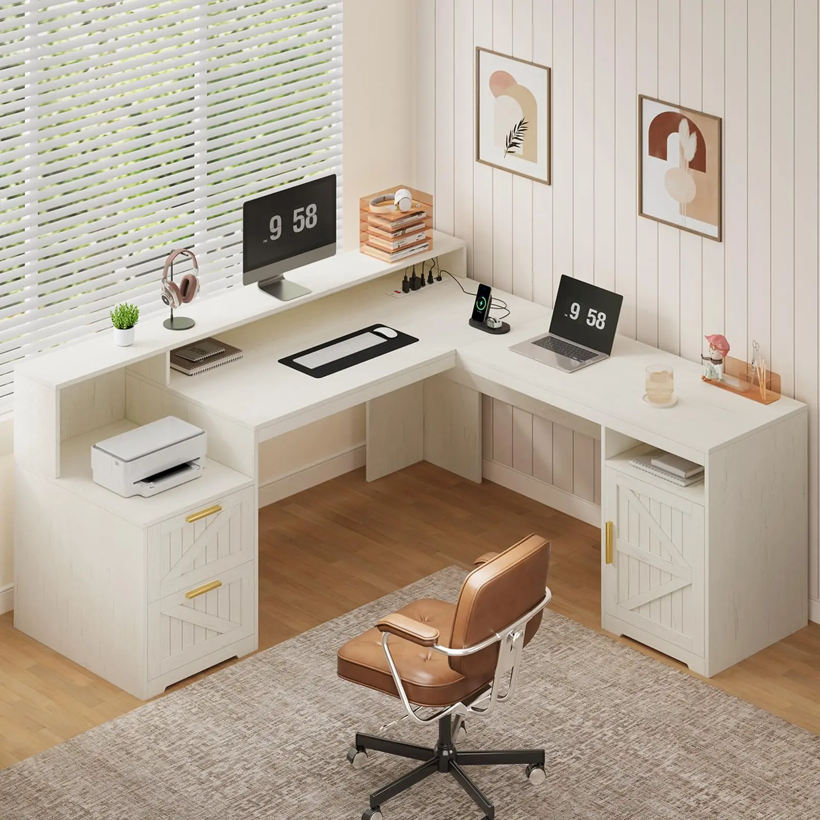 YOMILUVE 63" Farmhouse L Shaped Executive Desk with Drawers & Storage Shelf, Corner Computer Desk with Power Outlets