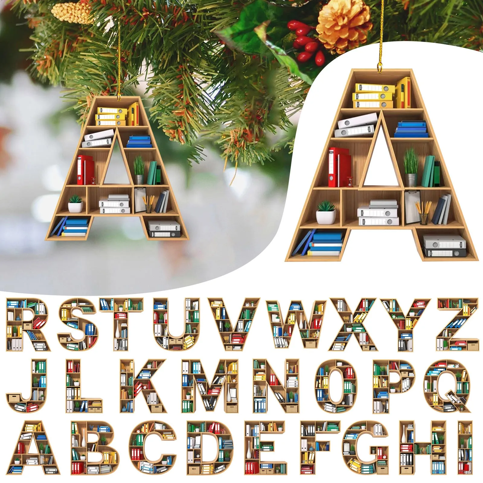 

Personalized Christmas Ornaments Book 26 Letter Shaped Bookshelf Tree Decoration Ornament Hanging Pendant Gifts Christmas DROPSH