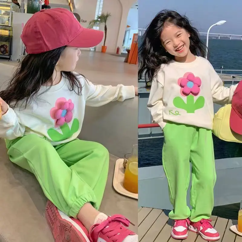 

Korean Baby Clothes Spring and Autumn 2023 New Sets For Children 3D Floral Sweater+Pants Suit For Girls Lovely Kids Clothes Girl