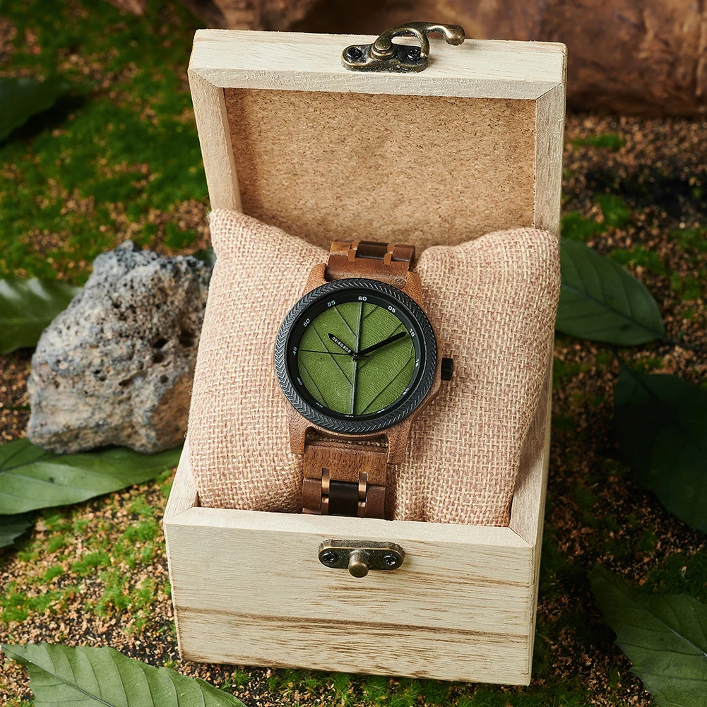 Men's Wood Watch with Genuine Leaf, BOBO BIRD Watch, Leaves Face Original Wooden Clock, Engraved Watch, Anniversary Custom Gift