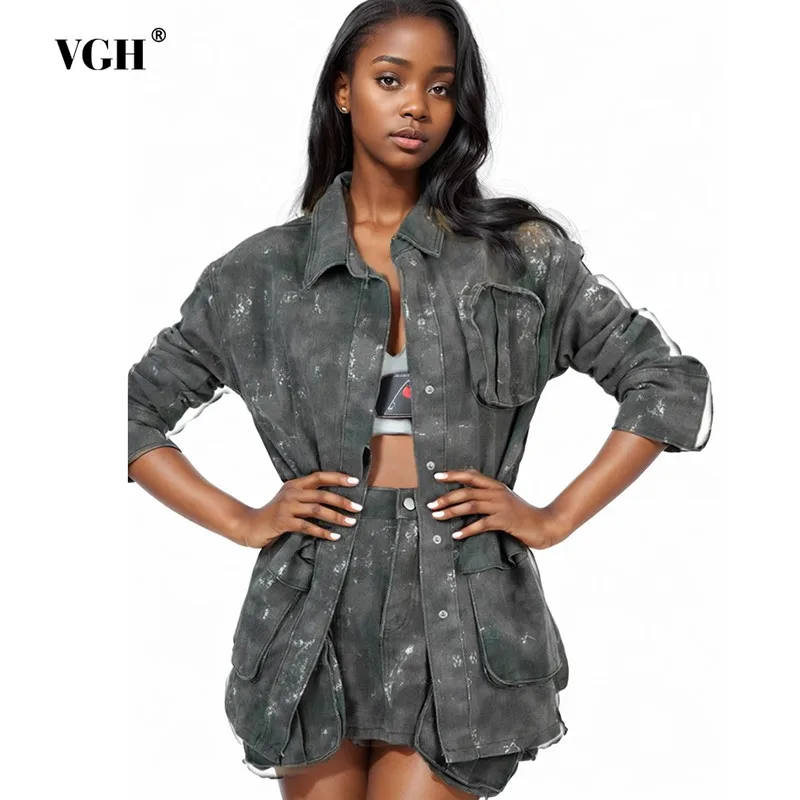 

VGH Camouflage Patchwork Pockets Jackets For Women Lapel Long Sleeve Spliced Single Breasted Hit Color Casual Coats Female New