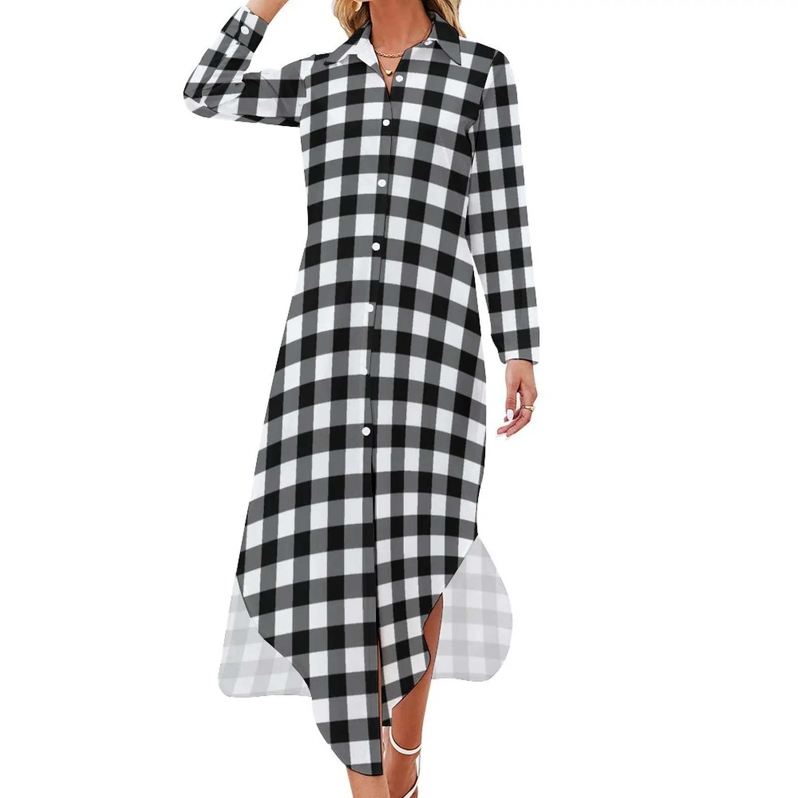 

Retro Check Print Chiffon Dress Sexy V Neck Black And White Retro Dresses Ladies Street Fashion Casual Dress Gift Idea