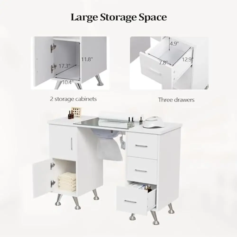 Nail Desk with Glass Top & Dust Collector Salon Workstation Storage Beauty Table Ergonomic Design Multi-use Manicure Desk