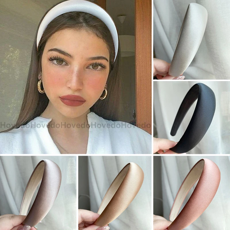 New Satin Hair Band Girls Solid Color Headband Wide Padded Hair Hoop Headwear Wholesale Fashion