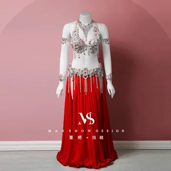 customized belly dance performance costume new versatile tassel bra waistband necklace bracelet arm ring big swing skirt set