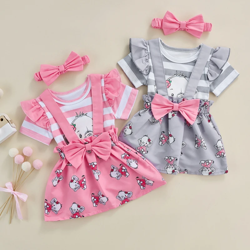 3Pcs Outfit Sets for Baby Girls Summer Short Sleeve Ruffle Striped Romper + Elephant Print Suspender Skirt + Headband