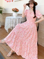 Summer New Cotton Silk Floral Print Maxi Dr ort Sve Beachwear High Waist Young Women's Large Skirt Swing Dr