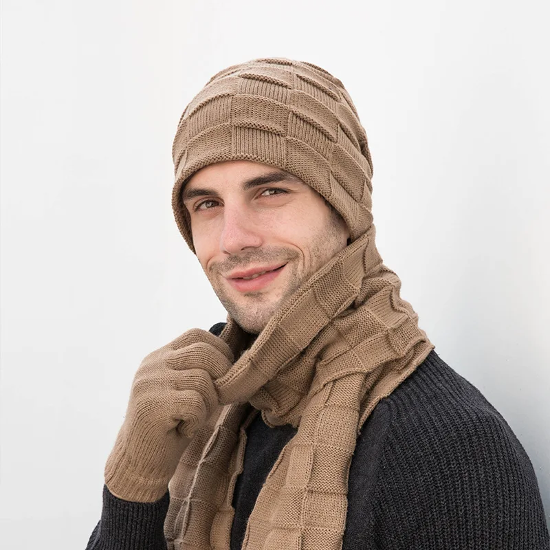 Men & Women Winter Knit Hat Beanie Long Scarf Touchscreen Gloves Set Skull Cap Neck Warmer Gloves Set with Fleece Lined
