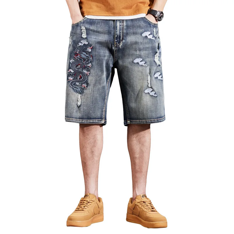 Dragon Embroidery Denim Shorts Men Plus Size 44 Jeans Shorts Baggy Ripped Jeans Fashion Streetwear Short Pants Male