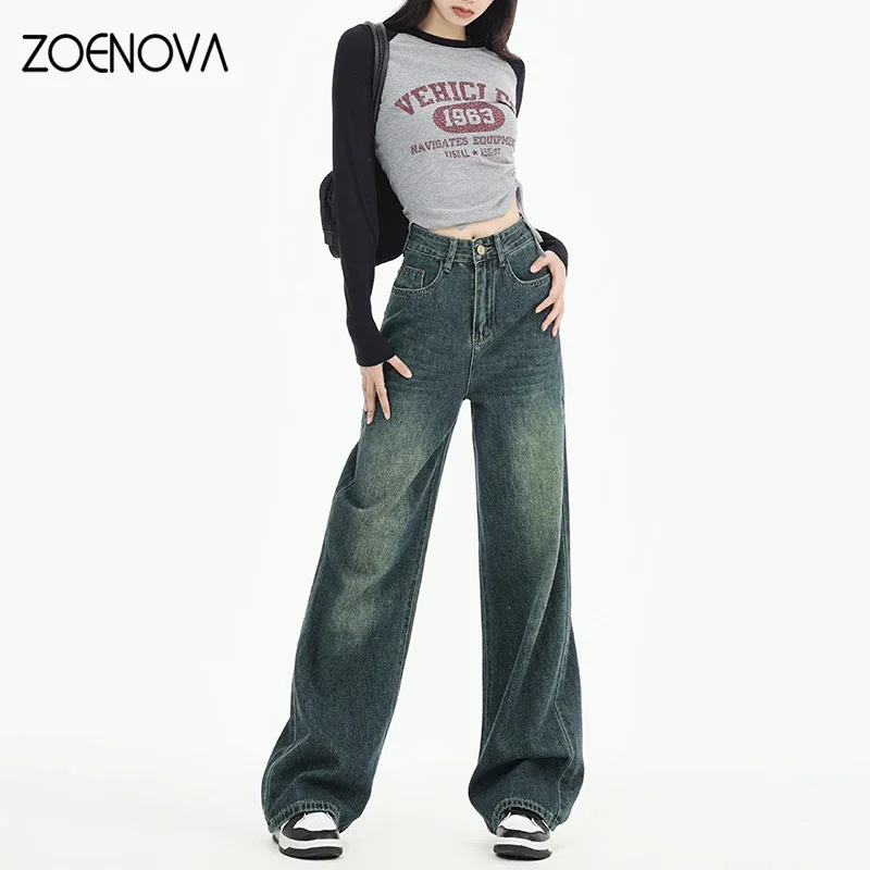 ZOENOVA 용수철 하이 퀄리티 패션 캐주얼 스트리트 Y2K 향수 컬러 와이드 레그 팬츠, 가을 레트로 루즈 스트레이트 여성 청바지, 신제품