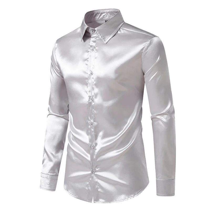 Men's Luxury Wedding Long Sleeve Dress Shirt Emulation Silk Gold Silver Black Purple Button Down Tuxedo Shirt Men USA S-2XL