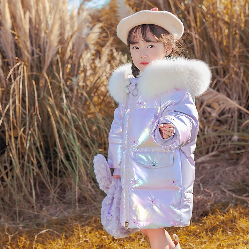 OLEKID الشتاء الأطفال أسفل سترة لفتاة مطرزة مقنعين لامعة طويلة فتاة في سن المراهقة أبلى معطف 5-12 سنة الاطفال سترة