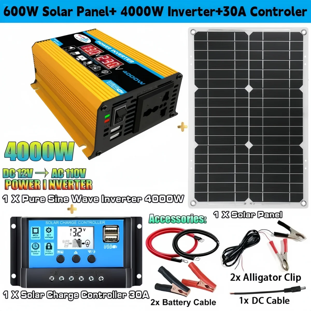 Sistema de Panel Solar de 12V a 110V/220V, controlador de carga de batería  de 12V, Kit de inversor Solar de 4000W, generación completa de energía