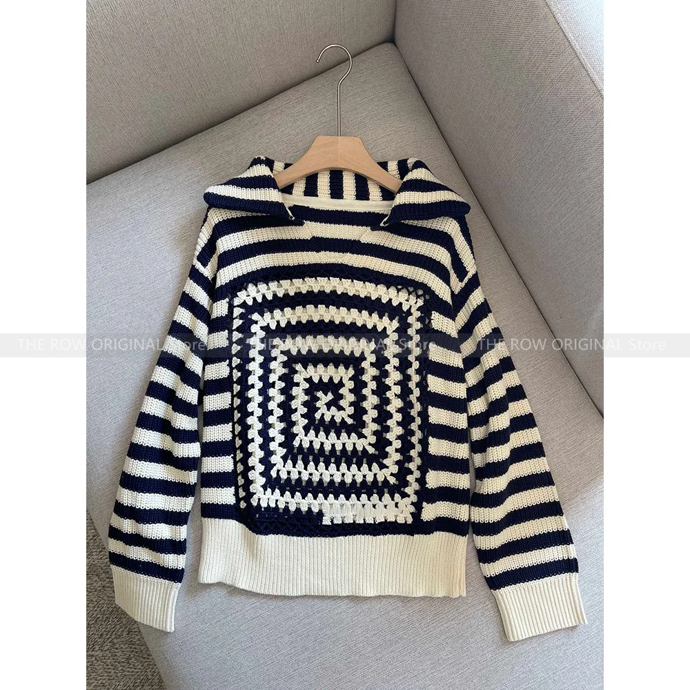 

Heavyweight hand knitted openwork design knitwear women 23 years autumn and winter new geometric pattern striped tops