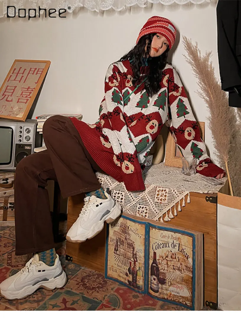 

Retro Cartoon Christmas Tree Pattern Sweater for Women Autumn and Winter New Pullover round Neck Long Sleeves Knitwear Coat