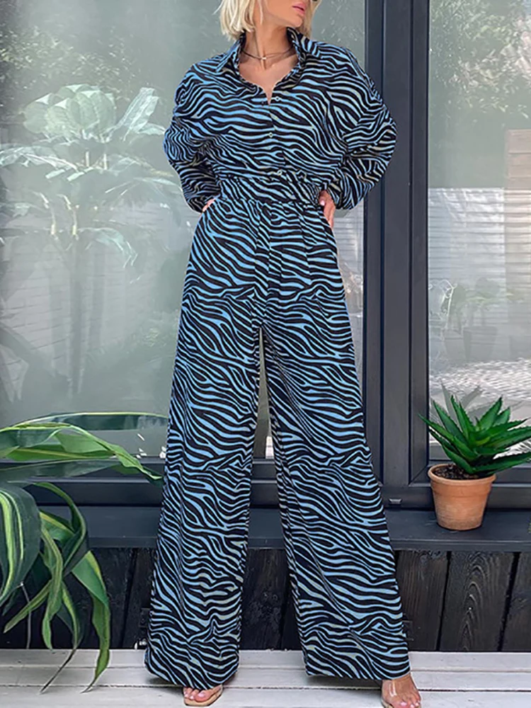 

2022 Autumn Winter New Fashion Zebra Stripe Print Jumpsuit Ladies Casual Wide Leg Jumpsuit Overalls Elegant Lapel Shirt Jumpsuit