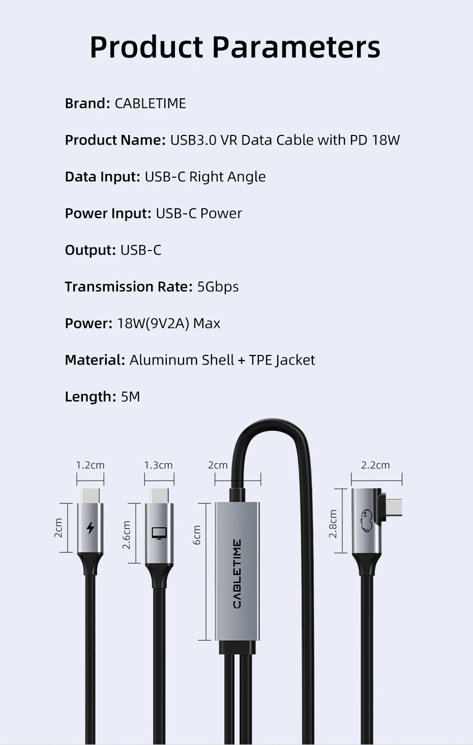 CABLETIME VR-Link-Kabel 16FT mit 18W Ladefunktion – Kompatibel mit Meta Quest 3S/3/2/Pro, Oculus Quest, Pico 4, PC VR, Steam VR – Detail 12