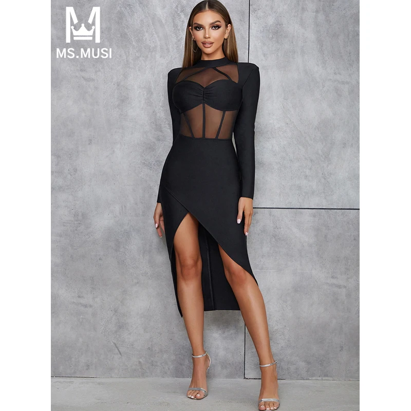 

MSMUSI 2024 New Fashion Women Sexy Solid Lace Mesh Hollow Out Long Sleeve Bandage Bodycon Party Club Event Slit Slim Midi Dress