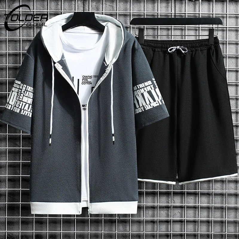 Summer Men Sets Zipper Hoodies+Shorts Two Piece Gym Sportswear Suit Male Casual Elastic Waist Shorts Homme Solid Loose Tracksuit mens sweatsuits sets