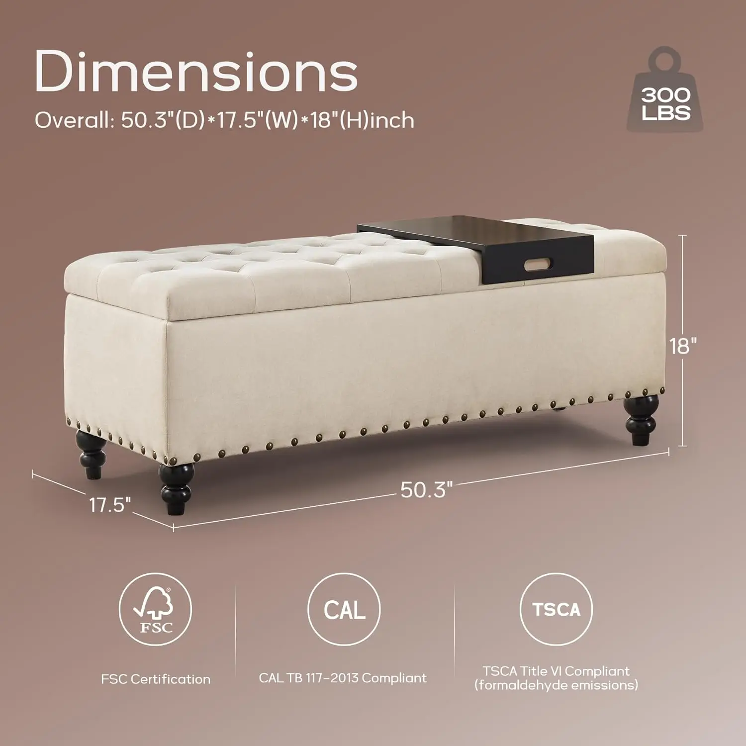 51-inch Storage Ottoman Bench with Removable Tray, Bedroom Bench with Button-Tufted, Safety Hinge Ottoman in Upholstered Fabrics