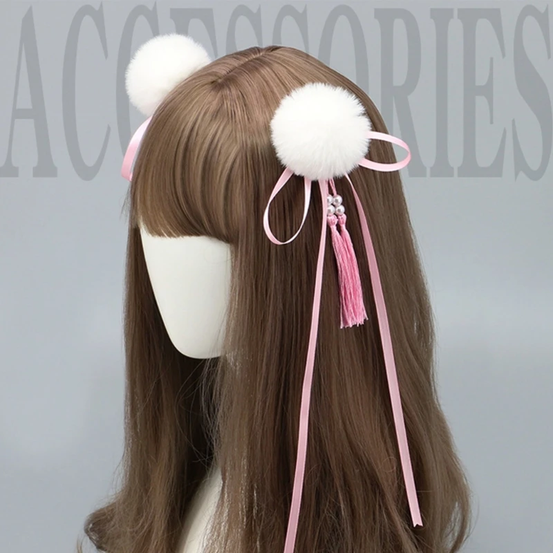 Cute Pompom Ball Hair Clips 2Pcs with Bowknot Bell/Tassel Sweet Faux Fur Animal Ears Hairpin Anime Lolita Barrette Cosplay Decor hair accessories,anime cosplay props
