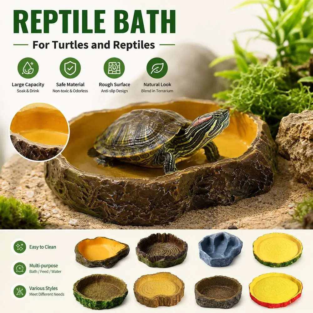 Ciotola Multifunzionale per Rettili, Vasca d'Acqua Multicolore in Finta Pietra, Forma di Ceppo d'Albero, Robusta Vasca per Micro-Paesaggistica