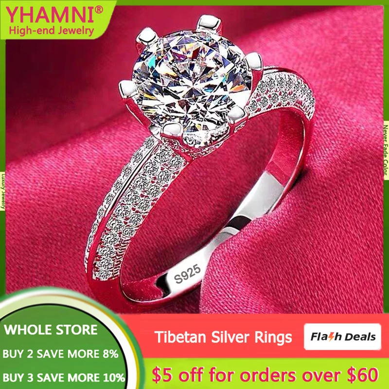 Never Fade Original Certified Tibetan Silver Rings Women Round Zircone Crystal Pure White Gold Color Wedding Band Gioielli Da Sposa