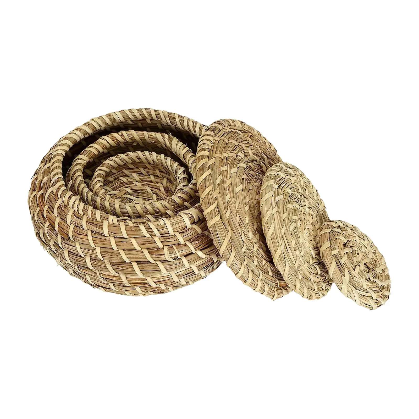 3 Pieces Round Seagrass Box Wicker Basket with Lid for Shelf Keys Bathroom