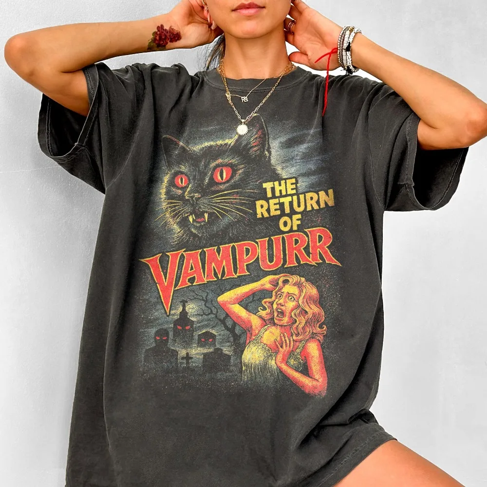 Halloween-Katzen-T-Shirt, gemustertes T-Shirt im Retro-Stil der 90er Jahre, neues Unisex-T-Shirt für den Sommer, lässig und modisch