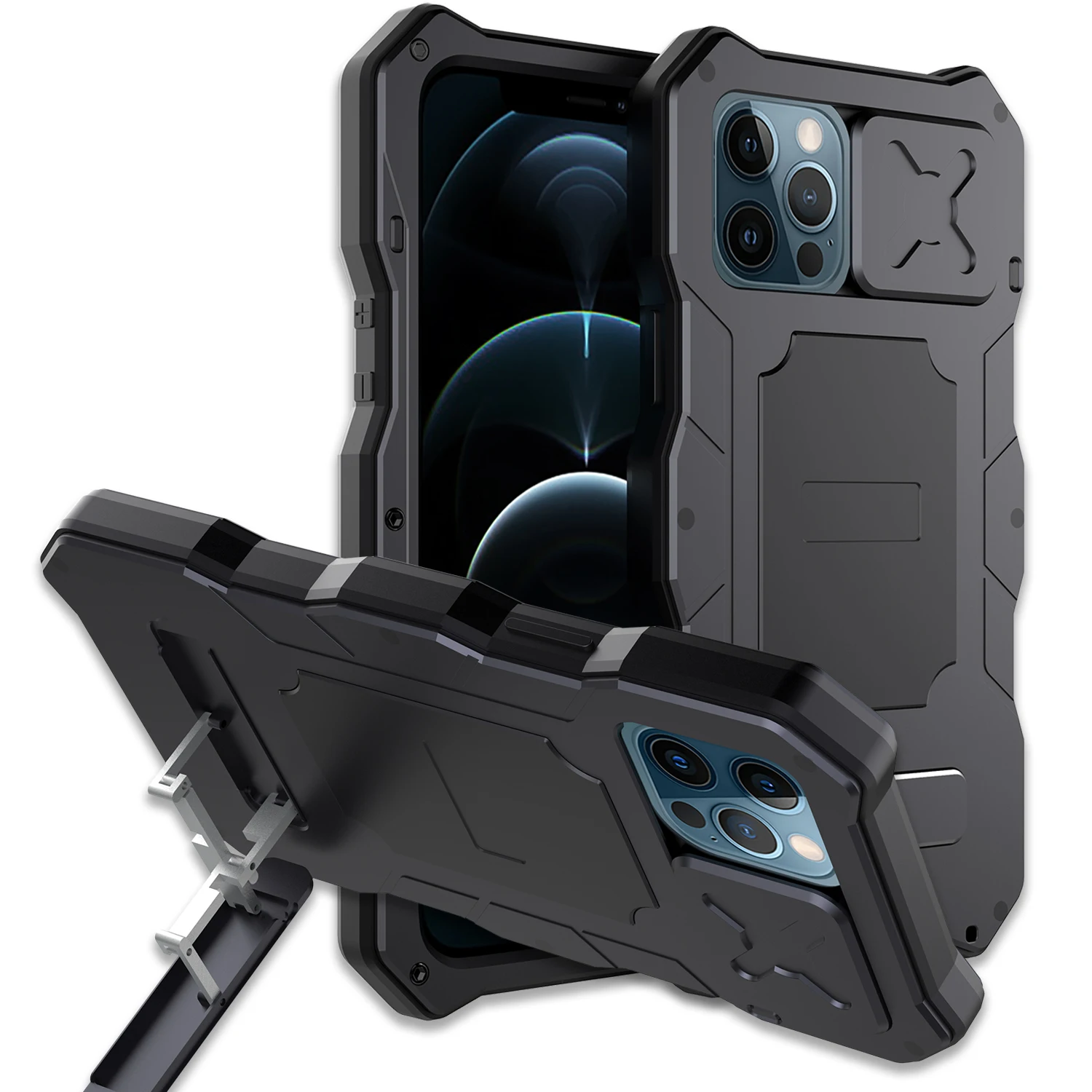

Shockproof Armor Metal Case For Iphone 14 13 12 Pro Max 14pro Plus Aluminum Bumper Stand Slide Door Camera Protector Phone Cover