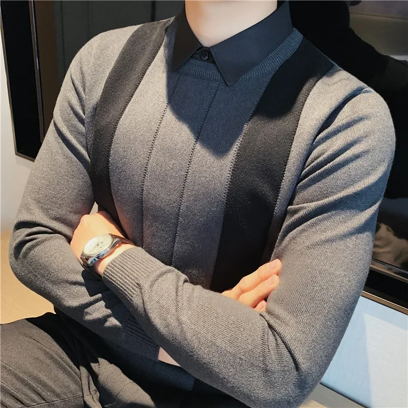 Korean Style Men Keep Warm In Autumn Fake 2 Pieces Shirt Collar Knit Sweaters/Male Slim Fit Stripe Fashion Casual Knit Pullover