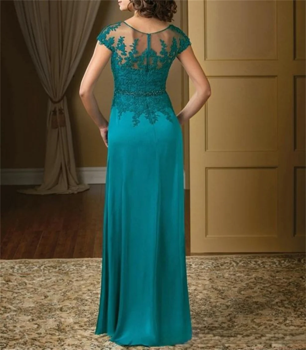 Mother Bride Dresses A-Line Lace Floor-Length Plus Sizes Turquoise Appliques Chiffon Short Sleeve Ruffles Belt
